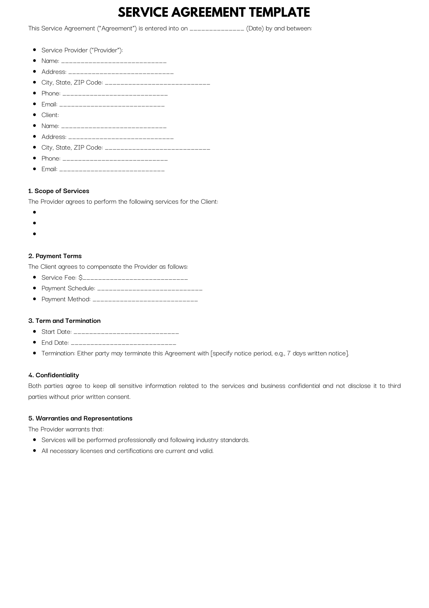 Business Templates: Service agreement template with sections for service details, terms, and payment schedules.